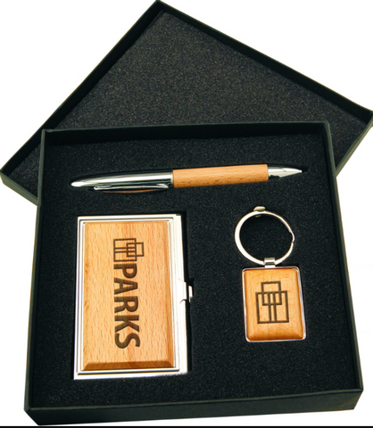 Silver/Wood Finish Gift Set with Business Card Case, Pen & Keychain