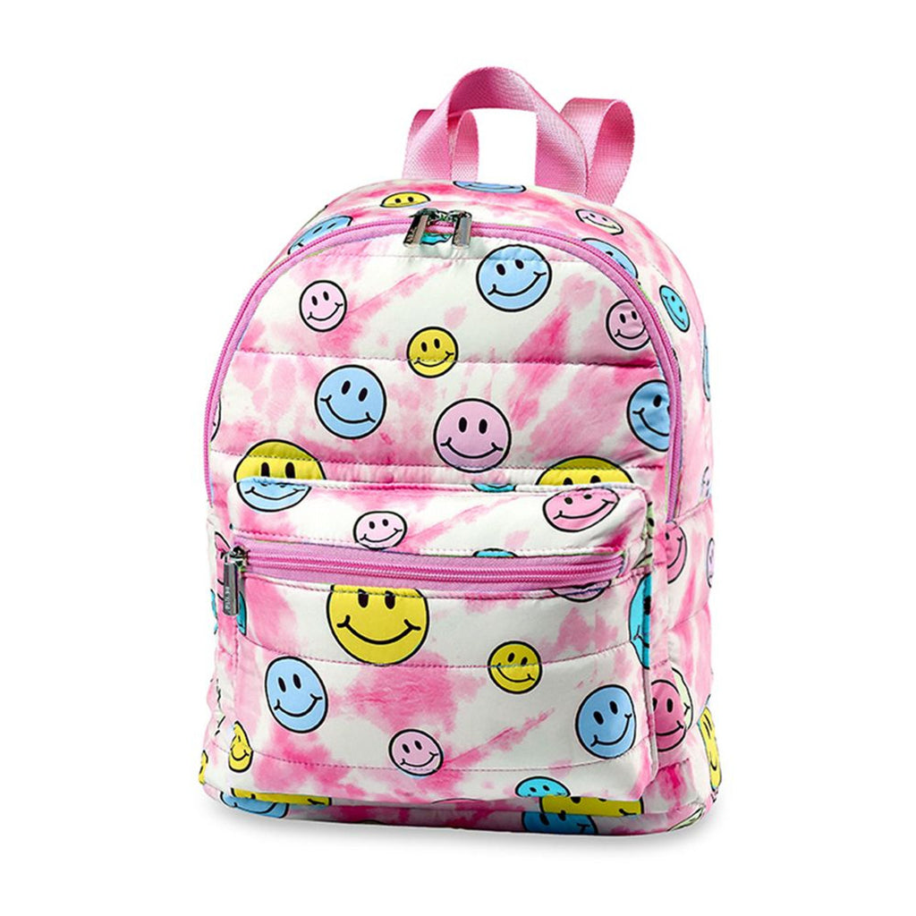 buy personalized mini backpack Pink Tie-Dye Happy Face Puffer Mini Backpack
